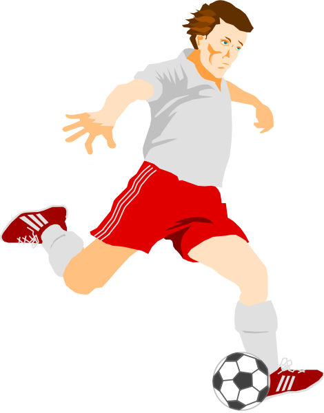 The image shows a soccer player wearing red shoes running with his right leg extended towards a ball while looking to his left side of the frame.