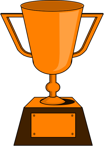 The image shows a trophy with an orange cup on top placed inside of another larger orange cup that is sitting atop a black pedestal against a white background.