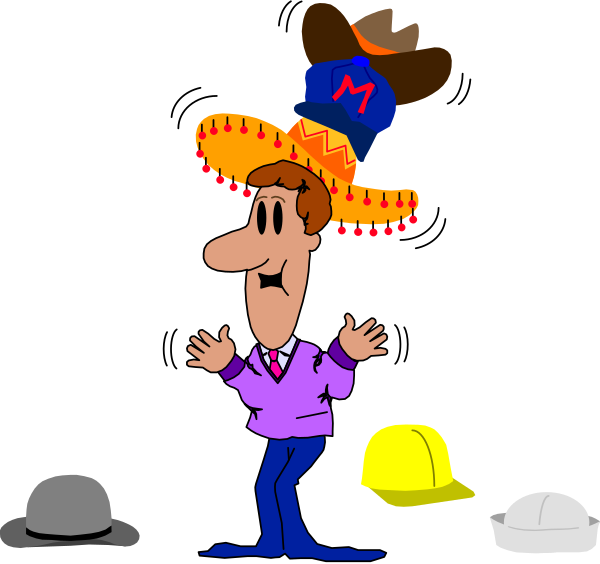 The cartoon shows a man wearing an oversized sombrero with a red bandana on top of his head; he is standing in front of construction equipment such as hard hats and jackhammers while holding up one hand, expressing surprise or excitement.