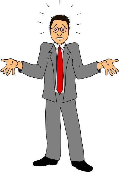 The image shows a cartoon of an animated man standing with his arms outstretched against a black background; he is wearing glasses and has red hair.