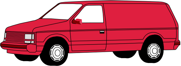 The image shows a red van with its doors open parked on an unseen surface next to another vehicle that is partially visible in black-and-white; there's no text present within this small clip-art illustration, and it does not depict any people or animals.