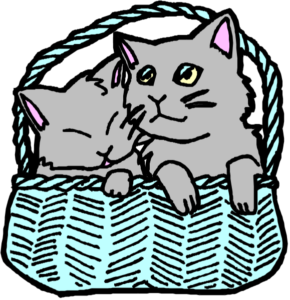 The illustration depicts a gray cat lying next to another smaller grey kitten inside an open basket with blue lining on top of what appears to be bedding in shades of purple-blue.