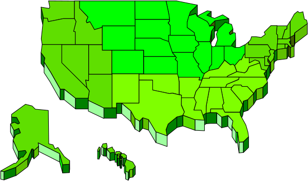 The map shows a stylized representation of the United States with various states highlighted by different shades of green coloring.