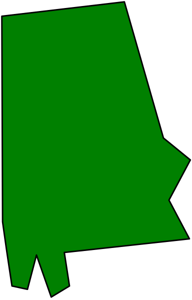 The image shows a green outline of an irregularly shaped state with no internal details against a black background on its left side.