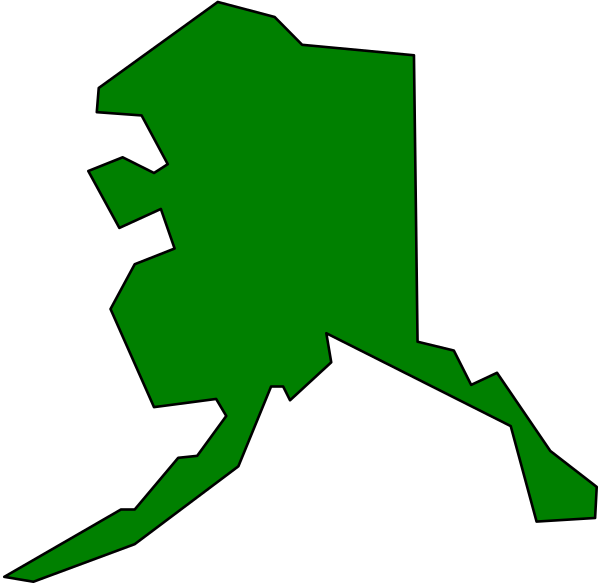 The image shows a stylized map of Alaska with an exaggerated outline that resembles a cartoonish character's face in green coloring against a black background.