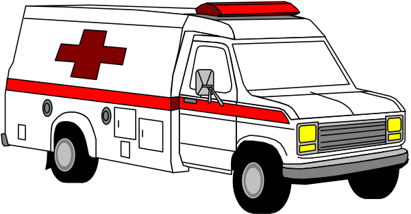 The image shows a cartoon ambulance with an open door parked on what appears to be a street at nighttime.