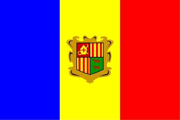 The flag of Spain with a coat of arms on it next to another European country's flag that is red white blue yellow green and has an emblem in its center.