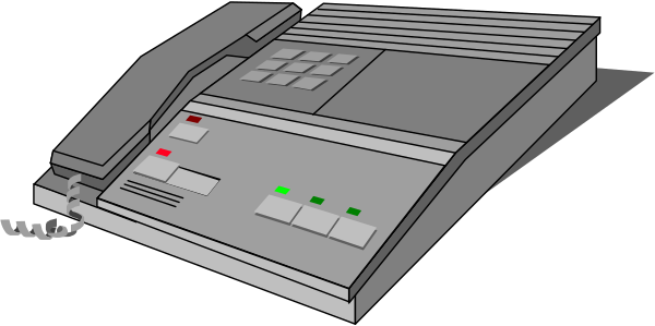 The image shows a gray telephone with buttons on it placed against a dark background.