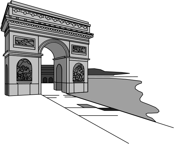 The black and white illustration shows a cityscape with two arches: on the left is an archway leading to what appears to be a building; in front of it stands another smaller structure that could possibly serve as a gate, both under a dark sky at night or during twilight hours.