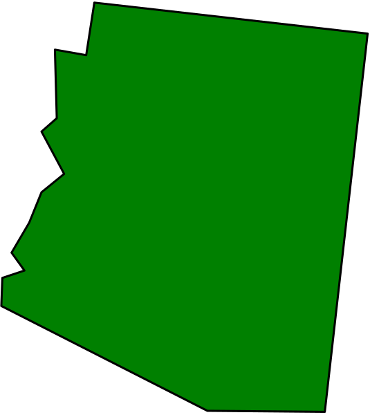 The image shows a stylized map of Arizona with green counties outlined against a black background.