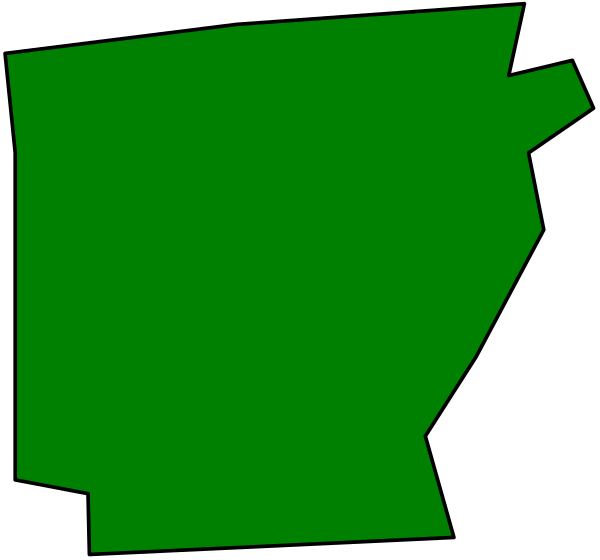 The image shows a green outline of an irregularly shaped state with its borders highlighted against a black background.