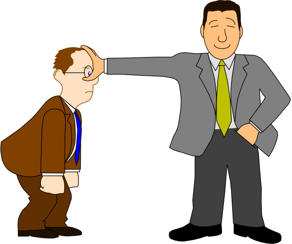 The cartoon shows two men standing on a stage with spotlights; one man is pointing at another who appears to be in pain from being punched by an unseen hand.