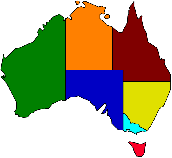 The map shows Australia with its states labeled: New South Wales (blue), Victoria (red), Queensland (green), Western Australia (orange).