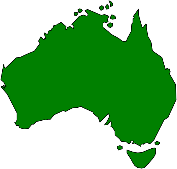 The image shows a stylized map of Australia with green coloring on it against a black background.
