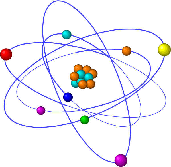 The image shows a stylized scientific illustration of an atom with electrons orbiting around it at various distances from its nucleus, set against a dark background that resembles space.
