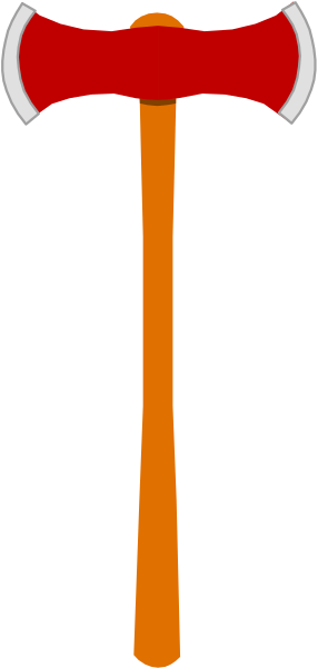 The image shows a red axe with an orange handle on its right side against a black background.