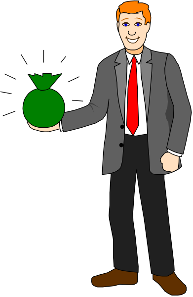 The image shows a man holding an object that resembles money with his right hand while standing against a dark background; he is wearing a suit jacket over what appears to be a red shirt underneath.