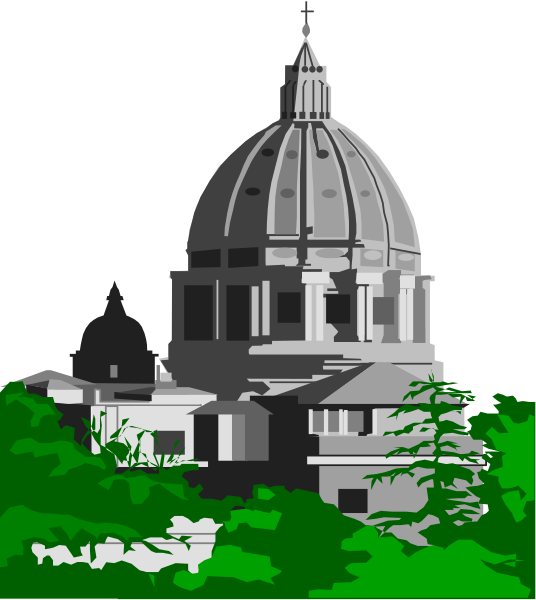 The image shows a stylized illustration of an old building with domes resembling St Peter's Basilica in Vatican City against a sky background.