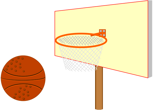 The image shows a basketball hoop with an orange ball going through it against a backdrop of two planets on either side.