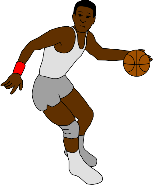 The image shows a cartoon of an athlete holding a basketball while running on what appears to be a court with lines indicating boundaries for play.