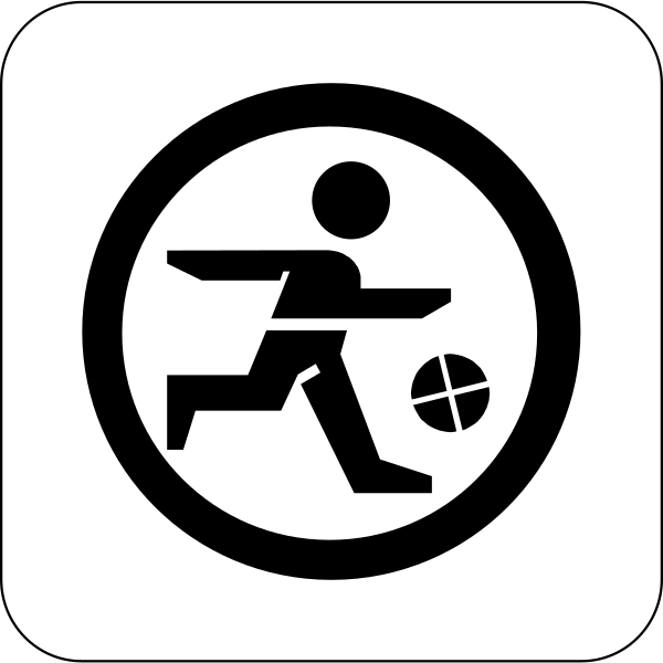 The black and white logo features a stylized figure of an athlete running with a basketball under their arm while holding out one hand in front as if to throw it forward.