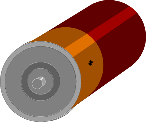 The image shows two cylindrical batteries with a red top on each side of an orange battery that has been cut open to reveal its interior components.