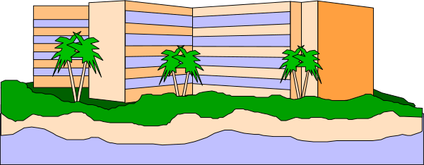 The image depicts a stylized beach scene with palm trees on either side of an island resort building under a dark sky at nighttime.