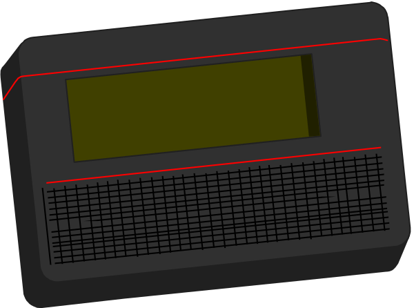 The image shows a black and white illustration of an open laptop with its screen displaying what appears to be text on it.