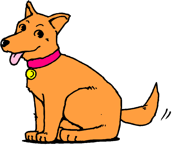 The image shows a cartoon dog sitting on its hind legs with an open mouth panting, wearing a purple collar around its neck.