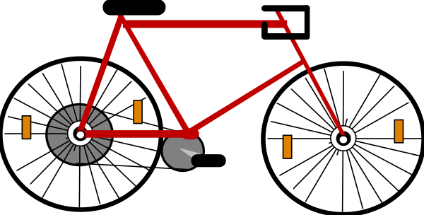 The image shows a cartoon of an indoor scene with two bicycles: on the left is a red bike connected to what appears to be some sort of contraption that includes wheels; above it hangs another, smaller wheel and gears indicating motion or power transmission between them.