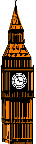 The image shows a black and white photo of Big Ben with its clock face clearly visible against an overcast sky background.