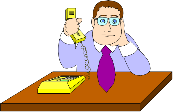 The cartoon shows a man sitting at his desk with an office phone on it; he is holding up another telephone to his ear while looking surprised.