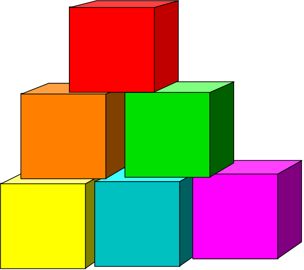 The image shows a stack of colorful Rubik's cubes with each cube having different colored sides against a black background.