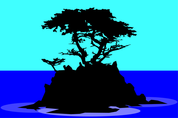 The image shows a black silhouette of an island with trees on it surrounded by water against a blue sky background.