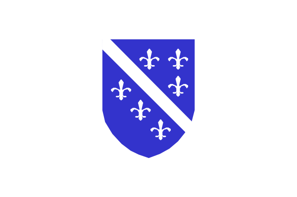 The image shows a black flag with an emblem of blue shield featuring white fleur de lis on it at top left corner against gray background.