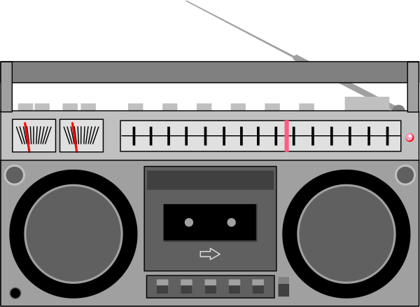 The image shows a stylized representation of an old boombox with various controls on its front panel including dials for volume control, buttons labeled "record" and "play," and what appears to be a cassette tape inserted into it.