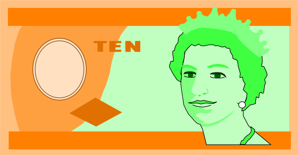 The image shows a British ten pound note with an illustration of Queen Elizabeth II on it placed against a background that resembles a brick wall.