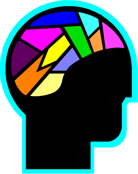 The image shows a stylized head silhouette with an intricate mosaic of colorful shapes forming its brain area against a dark background.