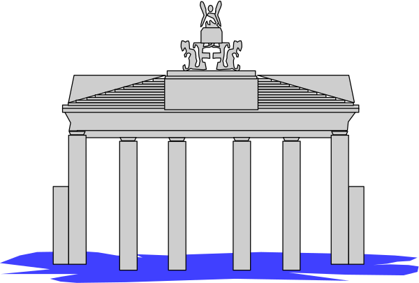 The image shows a black and white illustration of the Brandenburg Gate with columns on either side against an evening sky background featuring blue tones at nighttime.