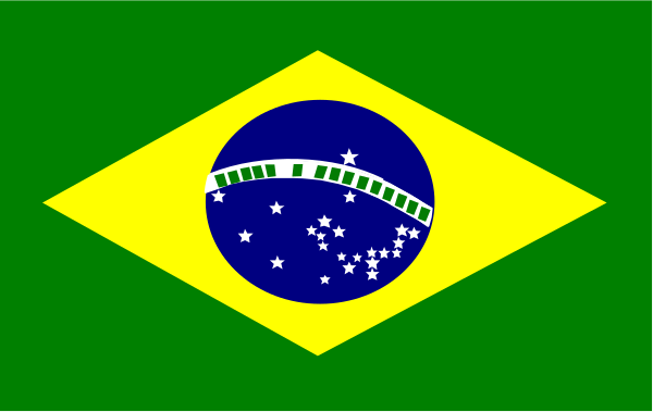 The flag of Brazil with a star on it flying against a gray background.
