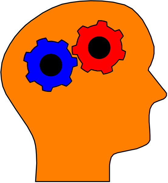 The image shows a stylized cartoon head with two gears inside it where eyes would be placed on an orange background.