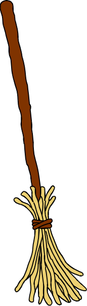 The image shows a brown broom with yellow bristles against a black background.