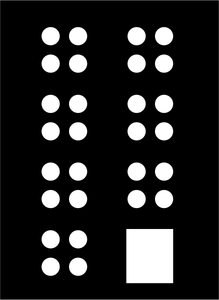 The black and white photo shows a pattern of circles with dots inside them arranged vertically down an abstract background that resembles a stylized cityscape at nighttime.