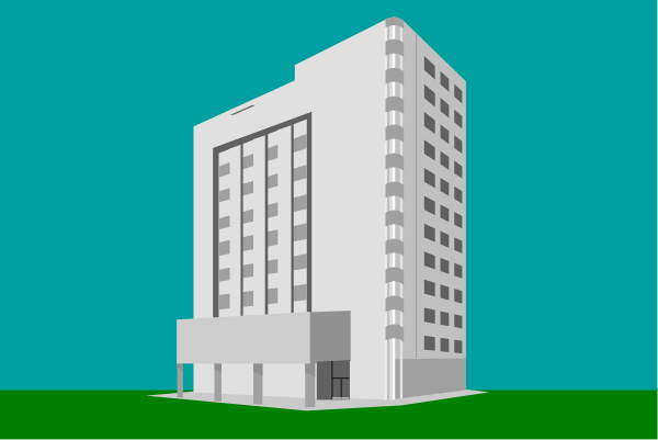 The image shows a pixelated representation of an office building with its facade partially obscured by what appears to be digital glitch effects in shades of blue and black against a gray background.