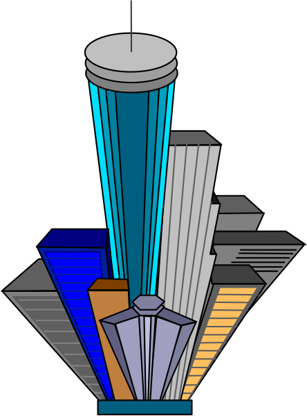 The image shows a stylized cityscape with various buildings including skyscrapers of different heights, an airplane flying above them in blue, green, red, yellow, orange, purple, white, and black hues against a dark background; there is also what appears to be the moon or another celestial body on top left.