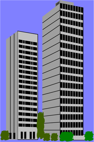 The image shows a black and white illustration of two tall buildings with many windows against an overcast sky background.