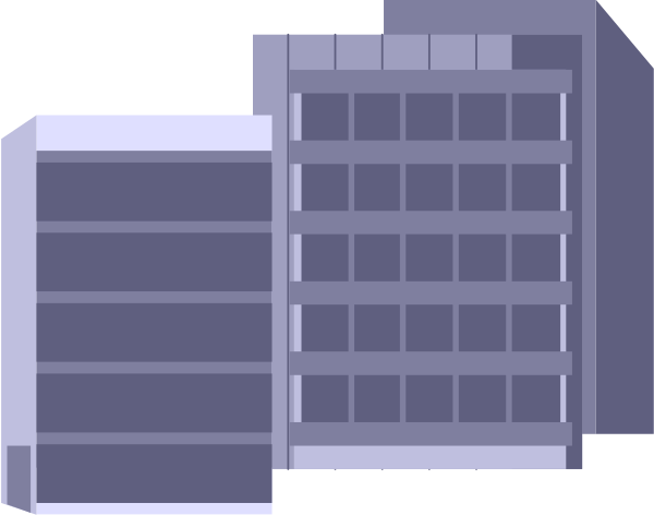The image shows a pixelated representation of an office building with multiple windows on its facade against a dark background.