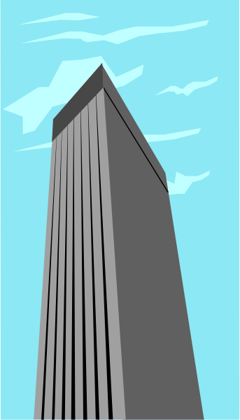 The image shows a tall skyscraper with many windows under a clear blue sky against an overcast background on what appears to be a computer screen displaying a digital illustration of it.
