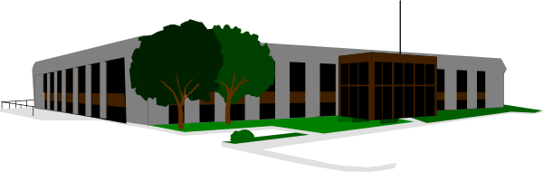 The image shows a black and white illustration of an architectural structure resembling a building with columns on either side, situated in front of what appears to be trees under a clear sky.