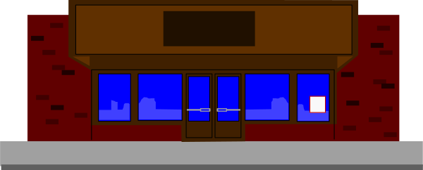 The image shows a pixelated representation of an outdoor scene with a building that has red brick walls on either side, framing what appears to be a storefront window displaying items inside; there is no text present in this small clip-art image.